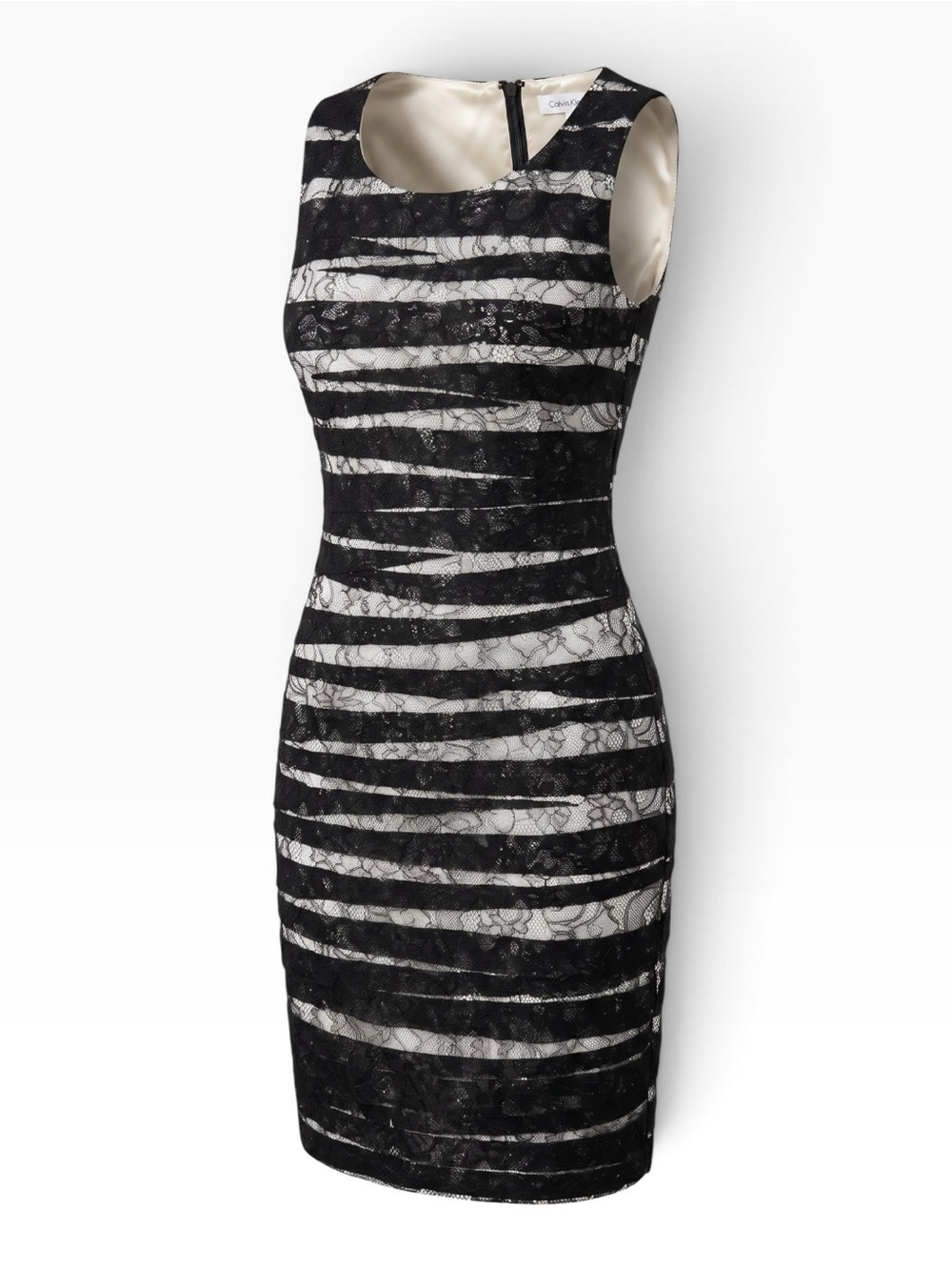 Calvin Klein Black and White Lace Striped Midi Dress